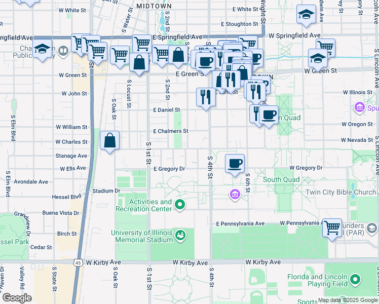 map of restaurants, bars, coffee shops, grocery stores, and more near 306 East Armory Avenue in Champaign
