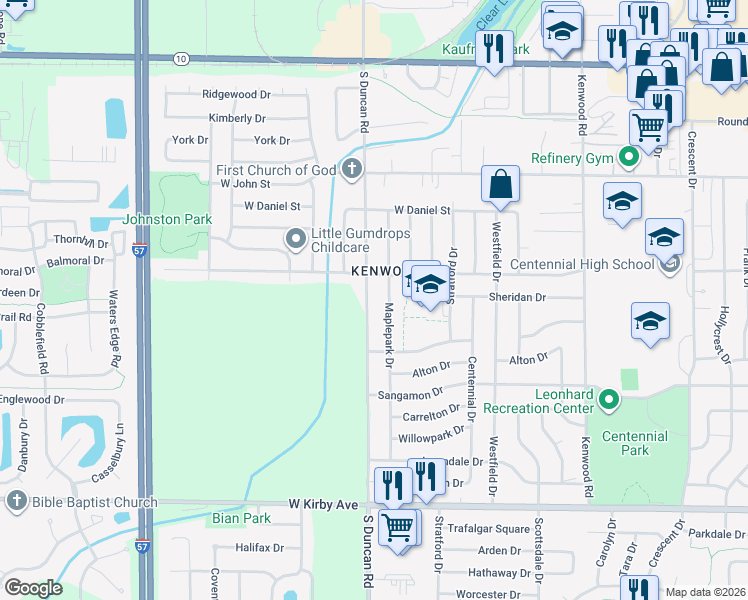 map of restaurants, bars, coffee shops, grocery stores, and more near 1005 Maplepark Drive in Champaign