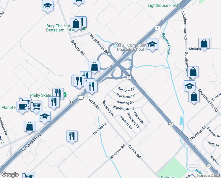 map of restaurants, bars, coffee shops, grocery stores, and more near 2926 Normandy Drive in Philadelphia