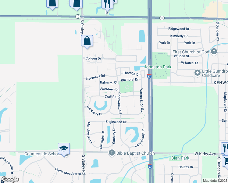 map of restaurants, bars, coffee shops, grocery stores, and more near 3902 Aberdeen Drive in Champaign