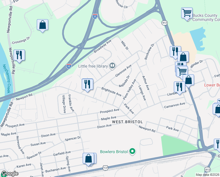map of restaurants, bars, coffee shops, grocery stores, and more near 3200 Malinda Drive in Bristol
