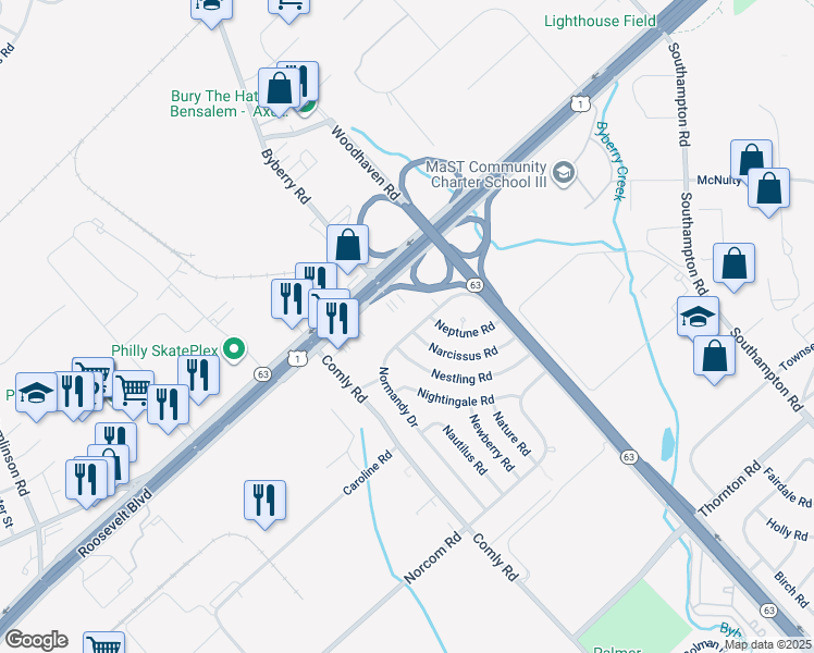 map of restaurants, bars, coffee shops, grocery stores, and more near 2926 Normandy Drive in Philadelphia