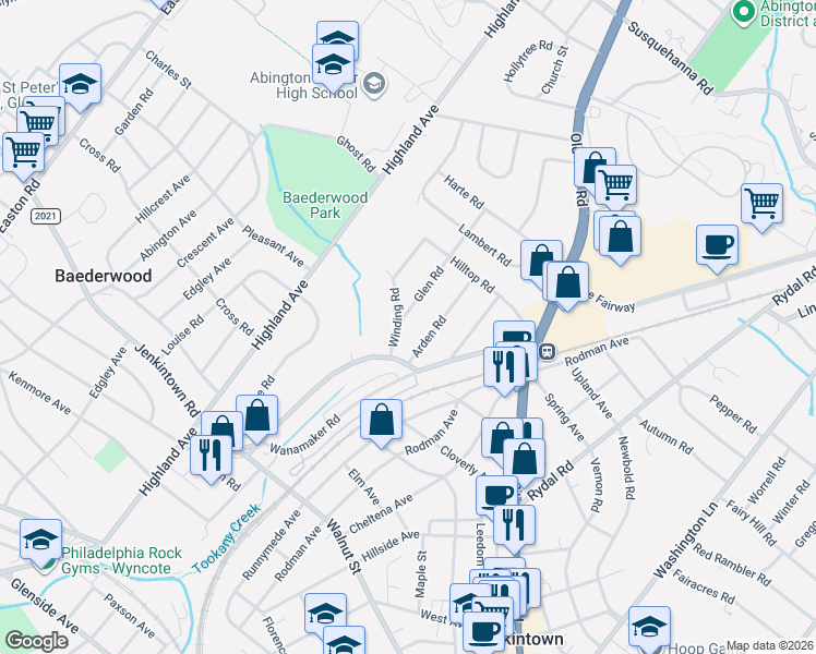 map of restaurants, bars, coffee shops, grocery stores, and more near 734 Winding Road in Jenkintown