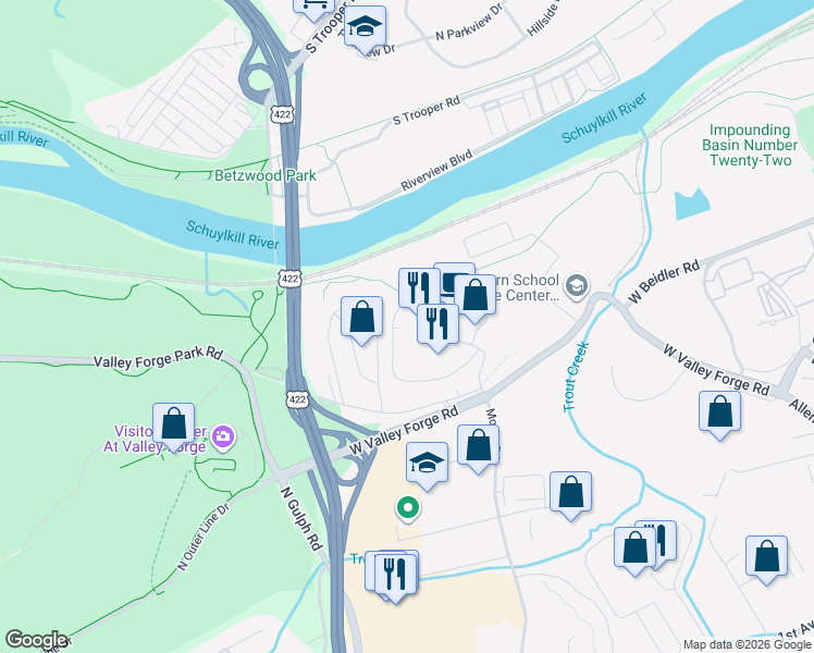 map of restaurants, bars, coffee shops, grocery stores, and more near 10111 Valley Forge Circle in King of Prussia