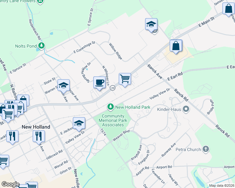 map of restaurants, bars, coffee shops, grocery stores, and more near 526 East Main Street in New Holland