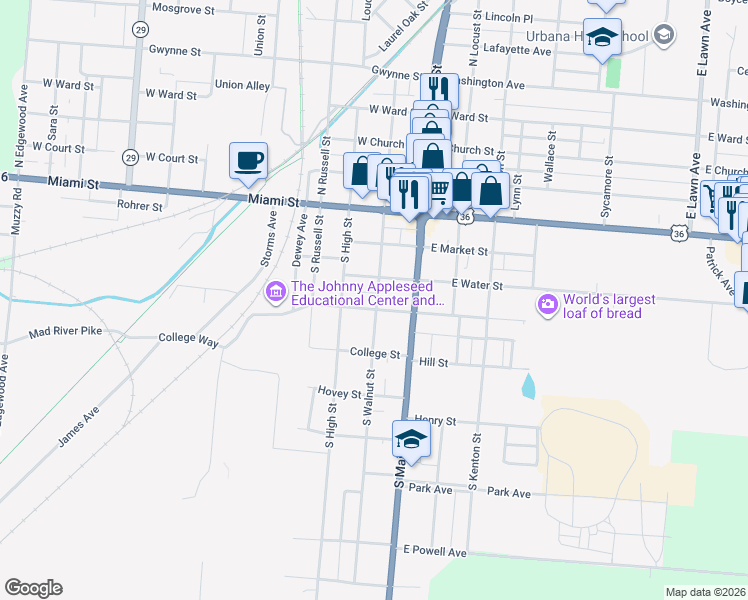 map of restaurants, bars, coffee shops, grocery stores, and more near 317 South Walnut Street in Urbana