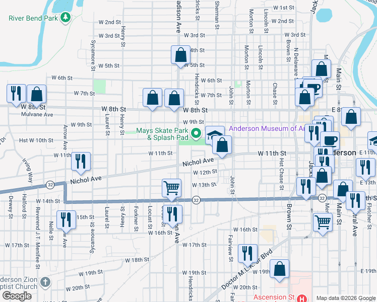 map of restaurants, bars, coffee shops, grocery stores, and more near 822 West 11th Street in Anderson