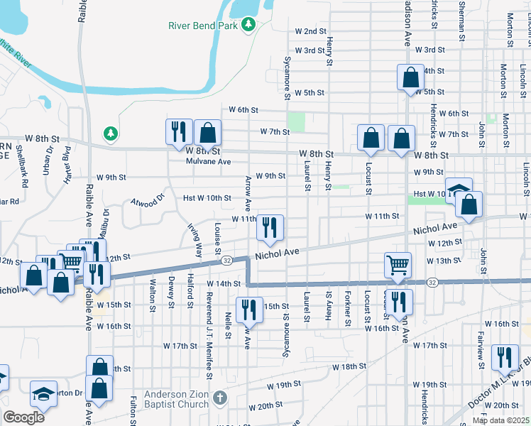 map of restaurants, bars, coffee shops, grocery stores, and more near 1010 Arrow Avenue in Anderson