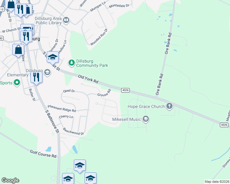 map of restaurants, bars, coffee shops, grocery stores, and more near 54 Old York Rd in Dillsburg
