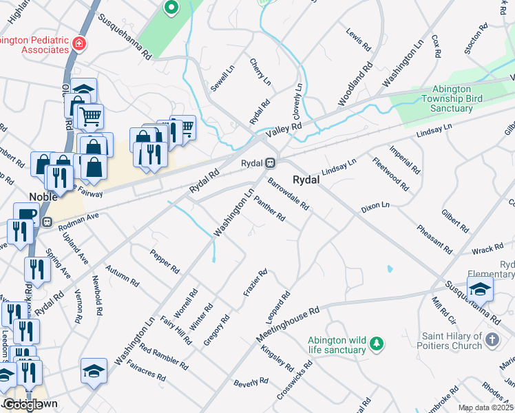 map of restaurants, bars, coffee shops, grocery stores, and more near 1043 Washington Lane in Jenkintown