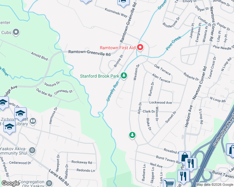 map of restaurants, bars, coffee shops, grocery stores, and more near 22 Netty Street in Howell Township