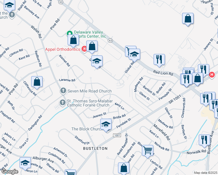map of restaurants, bars, coffee shops, grocery stores, and more near 655 Kismet Road in Philadelphia