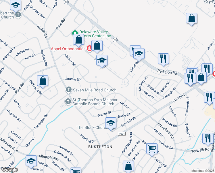 map of restaurants, bars, coffee shops, grocery stores, and more near 646 Kismet Road in Philadelphia
