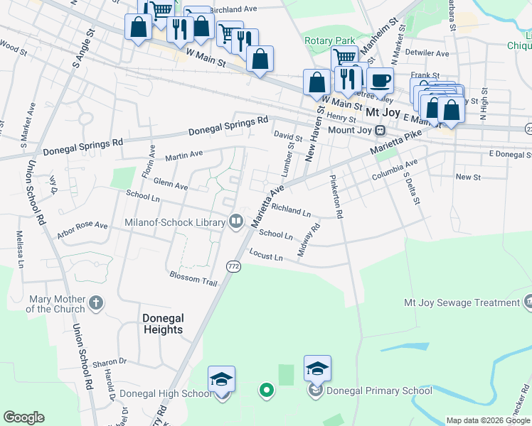 map of restaurants, bars, coffee shops, grocery stores, and more near 345 Richland Lane in Mount Joy