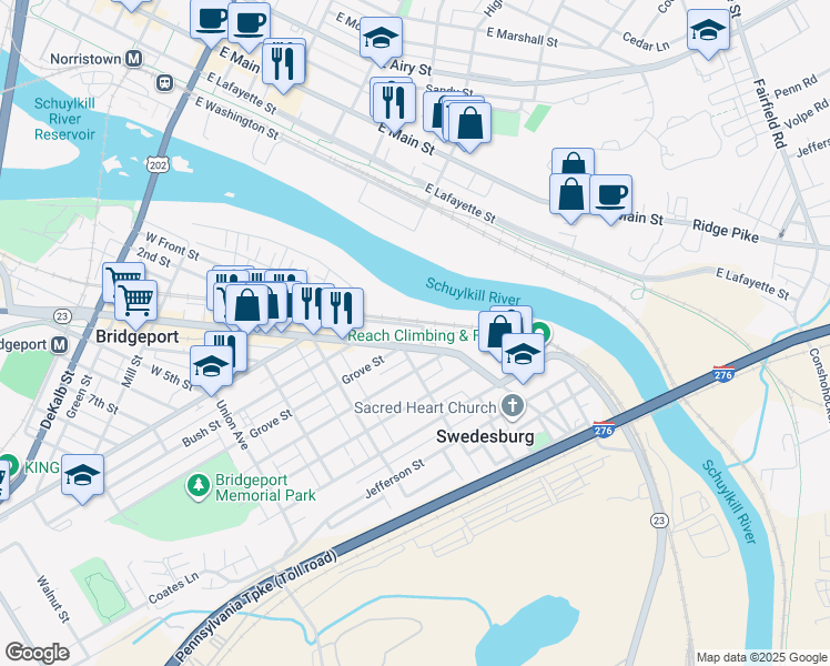 map of restaurants, bars, coffee shops, grocery stores, and more near 311 East 4th Street in Bridgeport