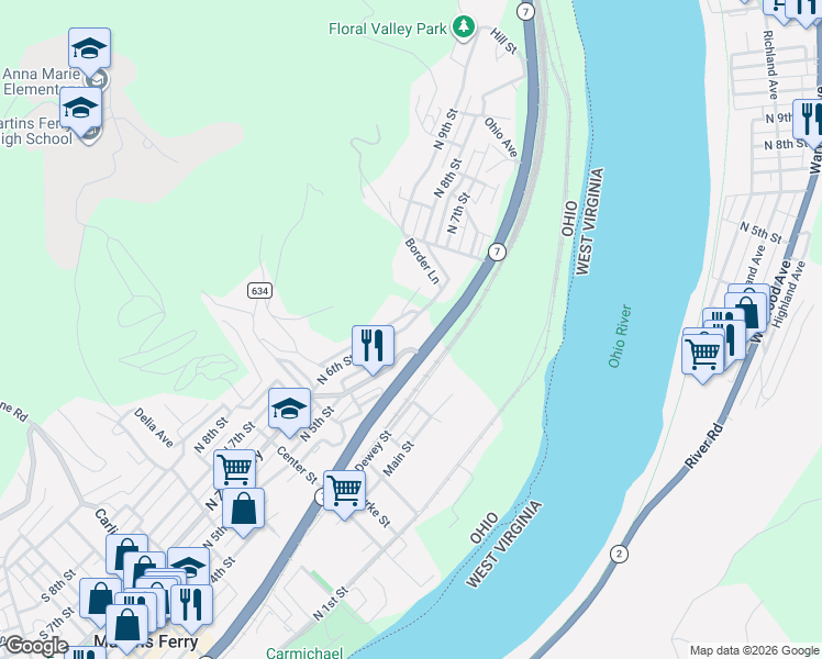 map of restaurants, bars, coffee shops, grocery stores, and more near 806 North 6th Street in Martins Ferry