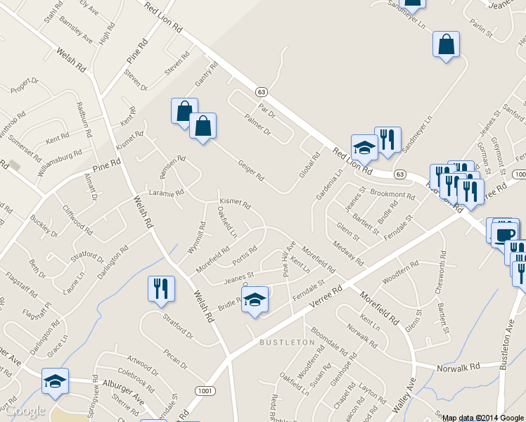 map of restaurants, bars, coffee shops, grocery stores, and more near 655 Kismet Road in Philadelphia