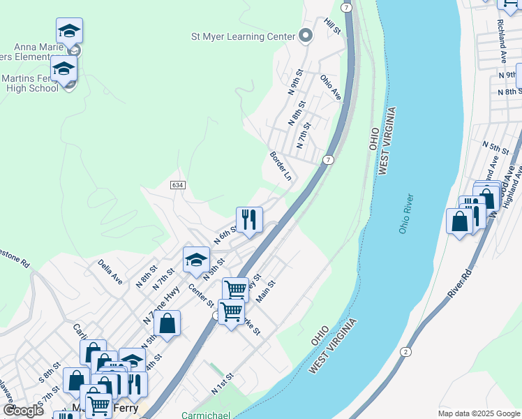 map of restaurants, bars, coffee shops, grocery stores, and more near 829 Woods Alley in Martins Ferry