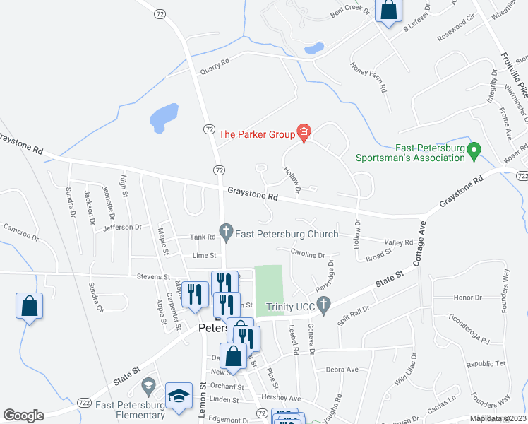 map of restaurants, bars, coffee shops, grocery stores, and more near 6474 Lincoln Court in East Petersburg