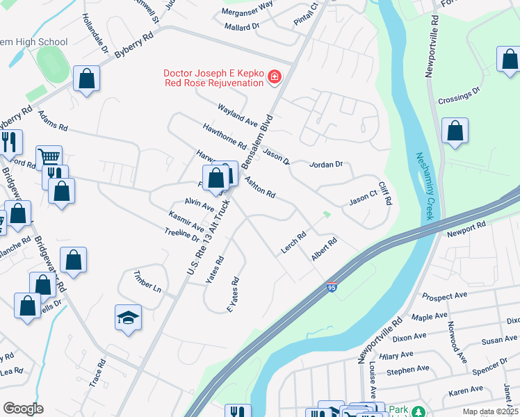 map of restaurants, bars, coffee shops, grocery stores, and more near 4646 Yates Road in Bensalem