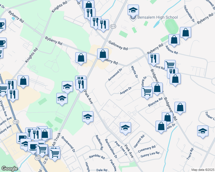 map of restaurants, bars, coffee shops, grocery stores, and more near 1931 Inkberry Lane in Bensalem