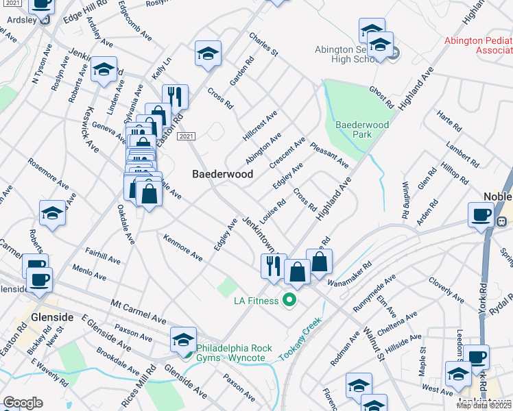 map of restaurants, bars, coffee shops, grocery stores, and more near 2078 Fortune Road in Glenside