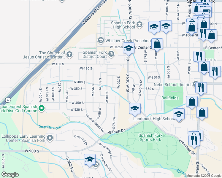 map of restaurants, bars, coffee shops, grocery stores, and more near 771 West 300 South in Spanish Fork