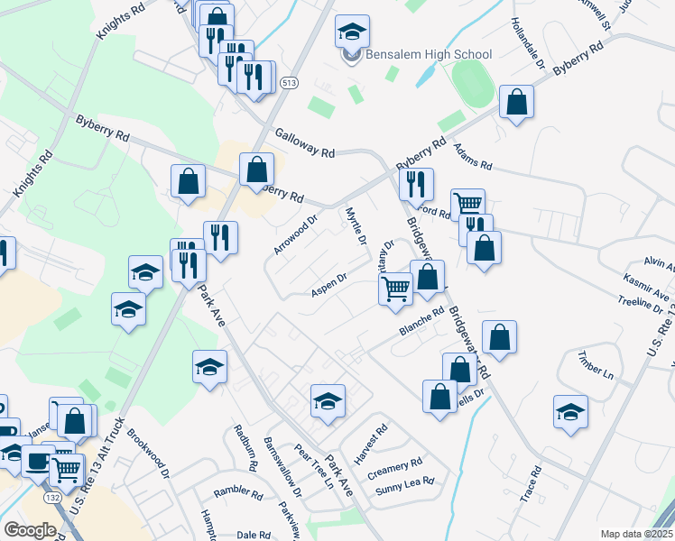 map of restaurants, bars, coffee shops, grocery stores, and more near 1932 Beech Lane in Bensalem