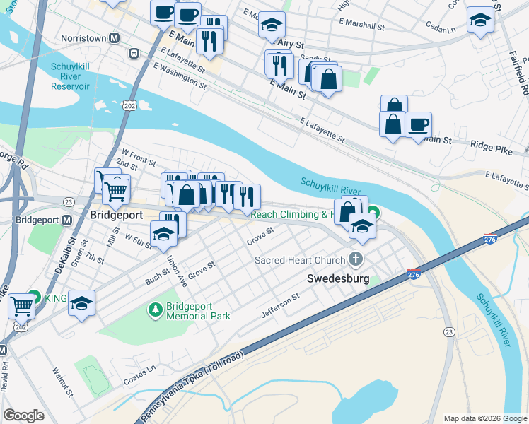 map of restaurants, bars, coffee shops, grocery stores, and more near 215 East Front Street in Bridgeport