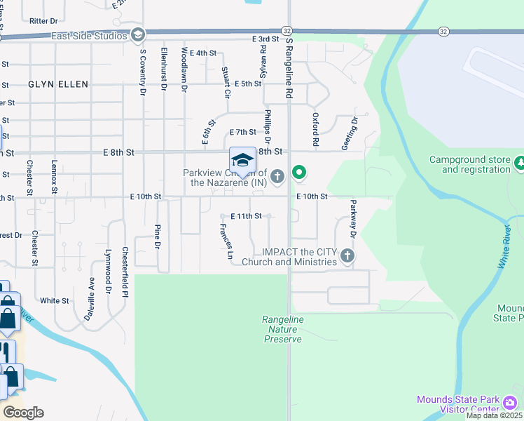 map of restaurants, bars, coffee shops, grocery stores, and more near 3227 East 10th Street in Anderson