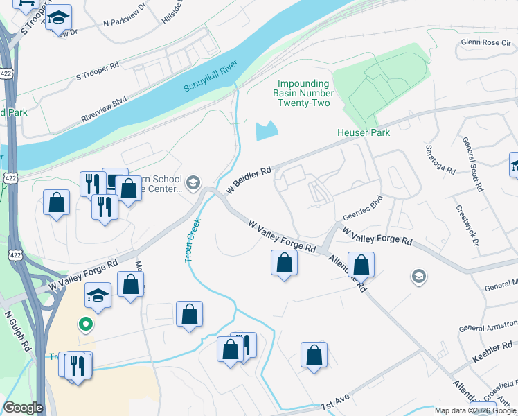 map of restaurants, bars, coffee shops, grocery stores, and more near 751 Vandenburg Road in King of Prussia