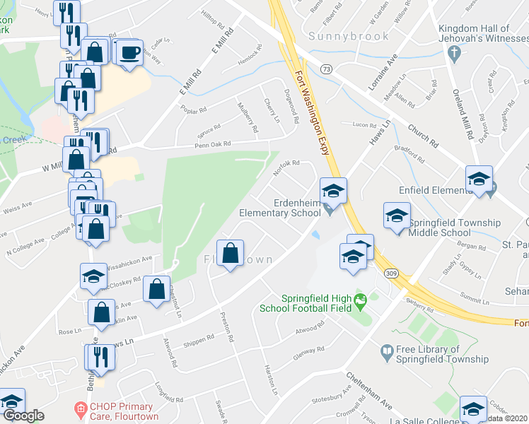 map of restaurants, bars, coffee shops, grocery stores, and more near 1208 Wedgewood Road in Flourtown