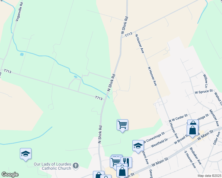 map of restaurants, bars, coffee shops, grocery stores, and more near 255 North Shirk Road in New Holland