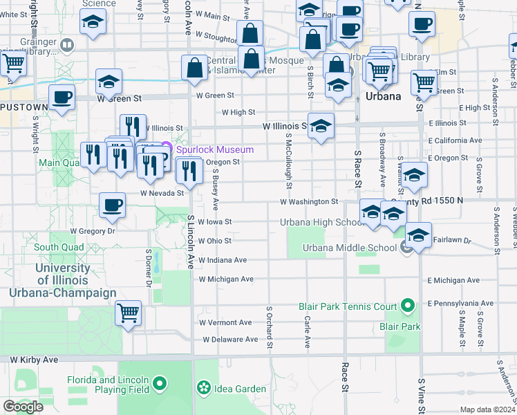map of restaurants, bars, coffee shops, grocery stores, and more near 605 West Washington Street in Urbana