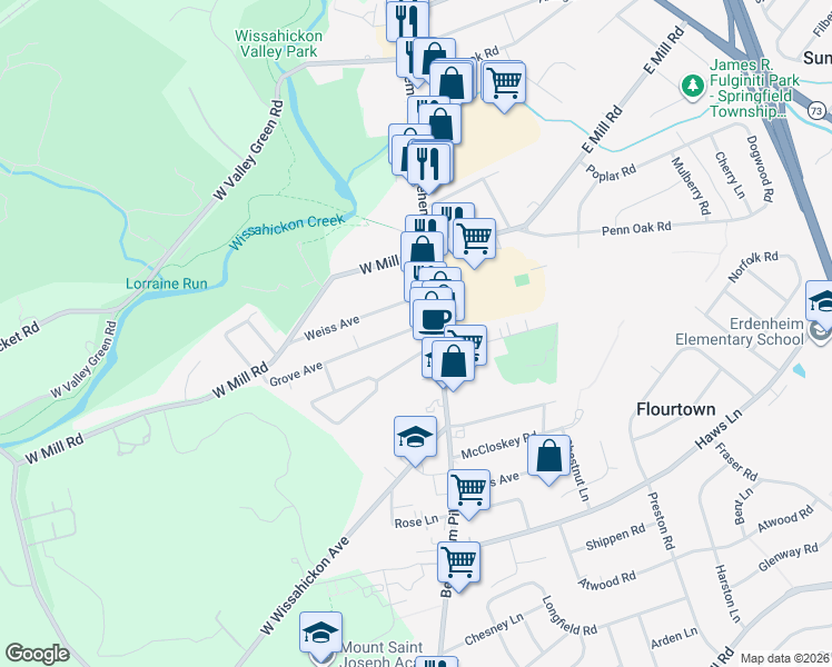 map of restaurants, bars, coffee shops, grocery stores, and more near 11A Grove Avenue in Flourtown