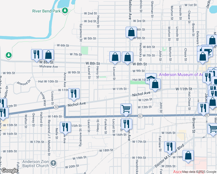 map of restaurants, bars, coffee shops, grocery stores, and more near 1218 W 11th St in Anderson