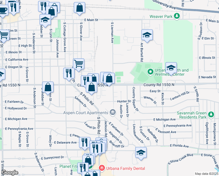 map of restaurants, bars, coffee shops, grocery stores, and more near 1511 East Washington Street in Urbana