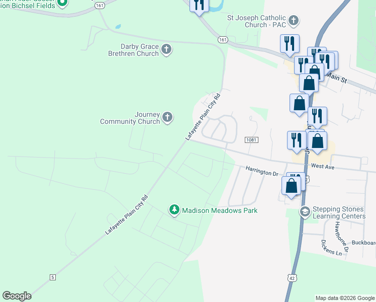 map of restaurants, bars, coffee shops, grocery stores, and more near 8425 Country View Drive in Plain City