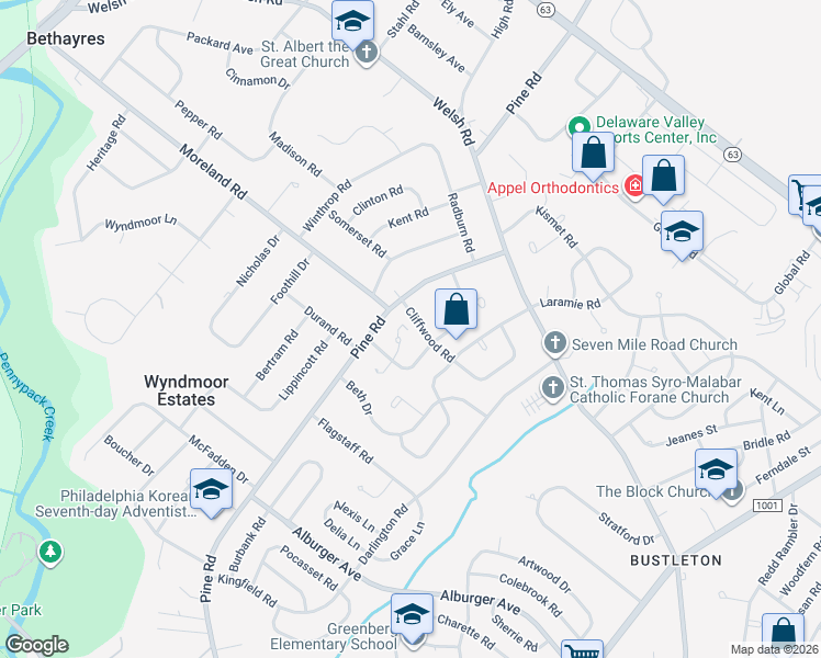 map of restaurants, bars, coffee shops, grocery stores, and more near 107 Cliffwood Road in Philadelphia