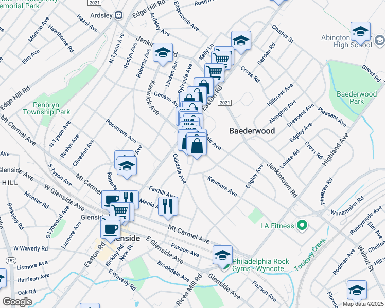 map of restaurants, bars, coffee shops, grocery stores, and more near 266 North Keswick Avenue in Glenside
