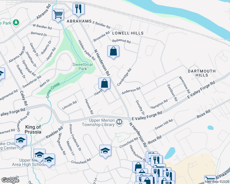 map of restaurants, bars, coffee shops, grocery stores, and more near 504 Firethorn Road in King of Prussia