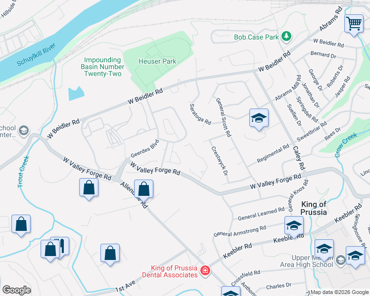 map of restaurants, bars, coffee shops, grocery stores, and more near 756 Deer Creek Drive in King of Prussia