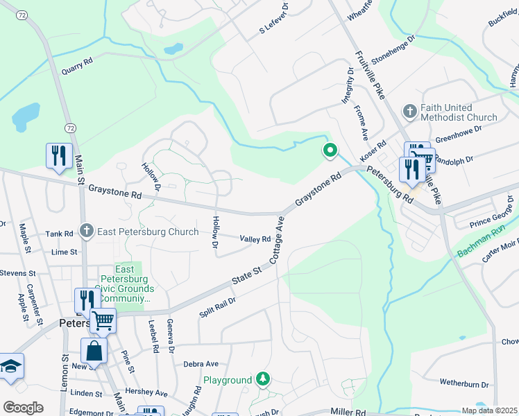 map of restaurants, bars, coffee shops, grocery stores, and more near 2635 Graystone Road in East Petersburg