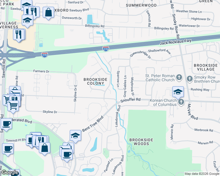 map of restaurants, bars, coffee shops, grocery stores, and more near 7321 Mapleleaf Boulevard in Columbus