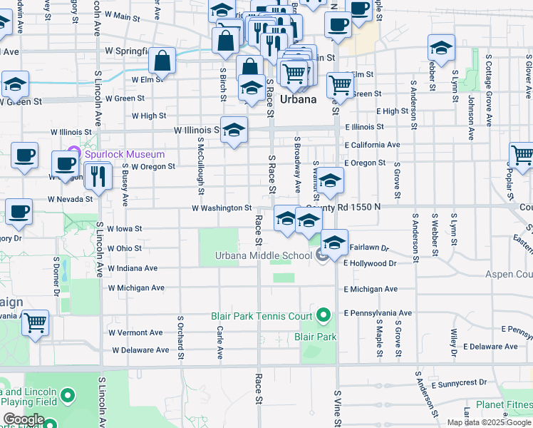 map of restaurants, bars, coffee shops, grocery stores, and more near in Urbana