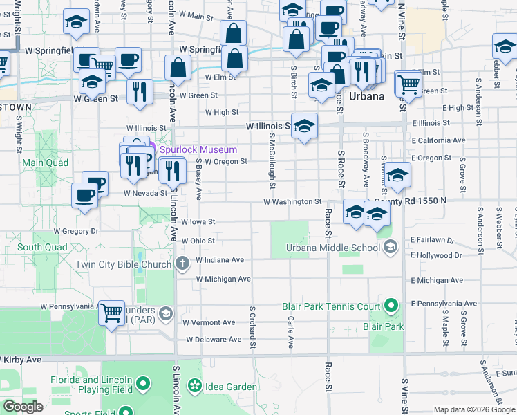 map of restaurants, bars, coffee shops, grocery stores, and more near 505 West Washington Street in Urbana