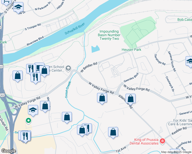 map of restaurants, bars, coffee shops, grocery stores, and more near 751 Vandenburg Road in King of Prussia
