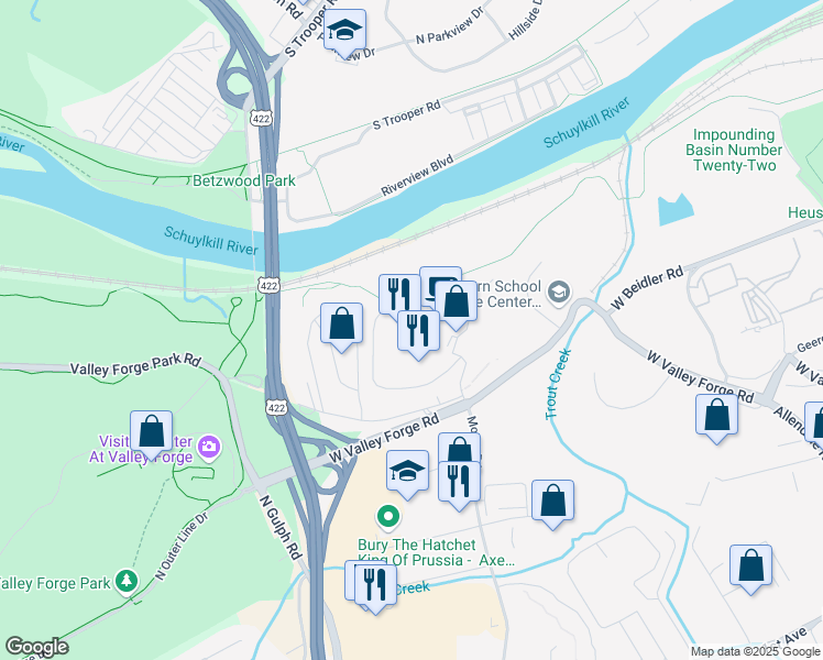 map of restaurants, bars, coffee shops, grocery stores, and more near 2000 Valley Forge Circle in King of Prussia