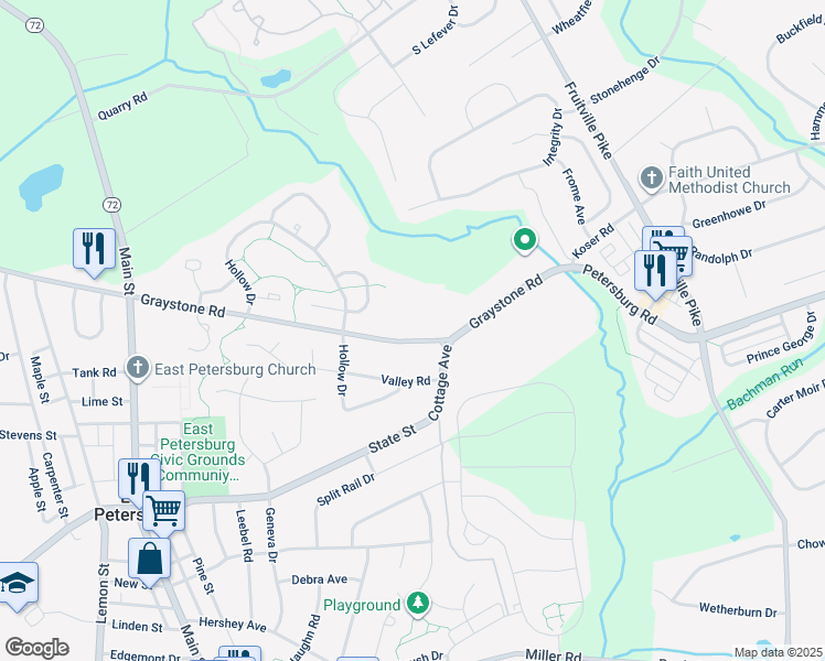 map of restaurants, bars, coffee shops, grocery stores, and more near 2635 Graystone Road in East Petersburg
