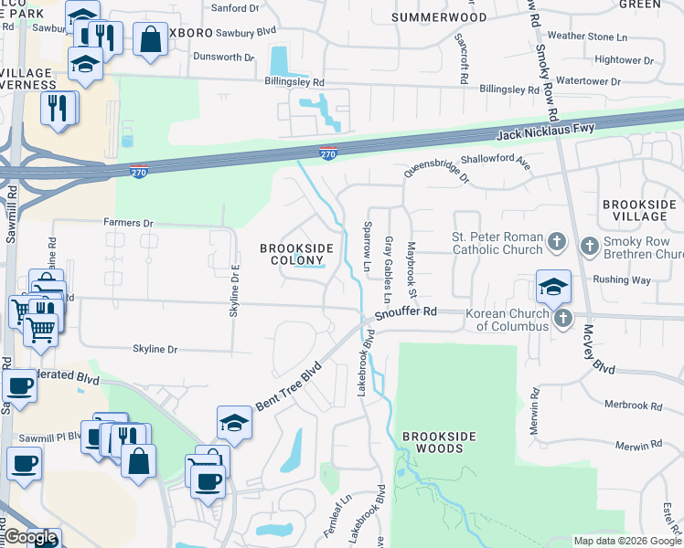 map of restaurants, bars, coffee shops, grocery stores, and more near 7321 Mapleleaf Boulevard in Columbus